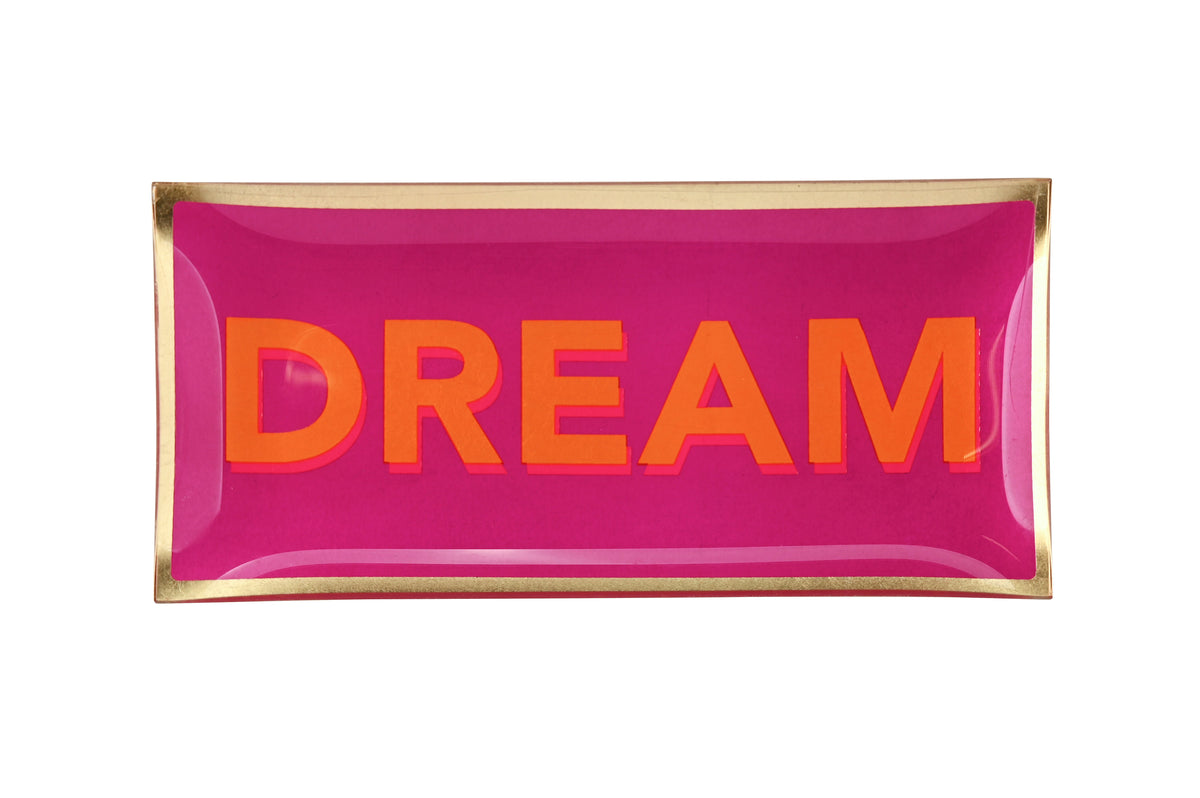 Rechteckiges Glasteller in Pink-Lila mit Schriftzug "DREAM" in Orange und goldenem Rand